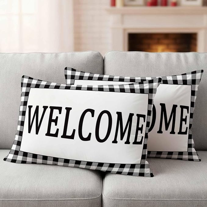 Welcome Black Outdoor Pillow Covers Set of 2 White Buffalo Check Plaid Waterproof Throw Pillow Cover Decorative Cushion Cases for Patio Porch Garden 20X12 Inch
