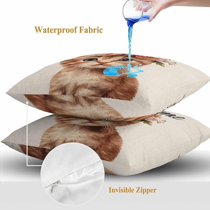 Cute Cat Outdoor Waterproof Throw Pillow Covers Set of 2, 26"x26", Garland Welcome Retro Decorative Pillow Covers Outside Cushion Case for Patio Porch Garden