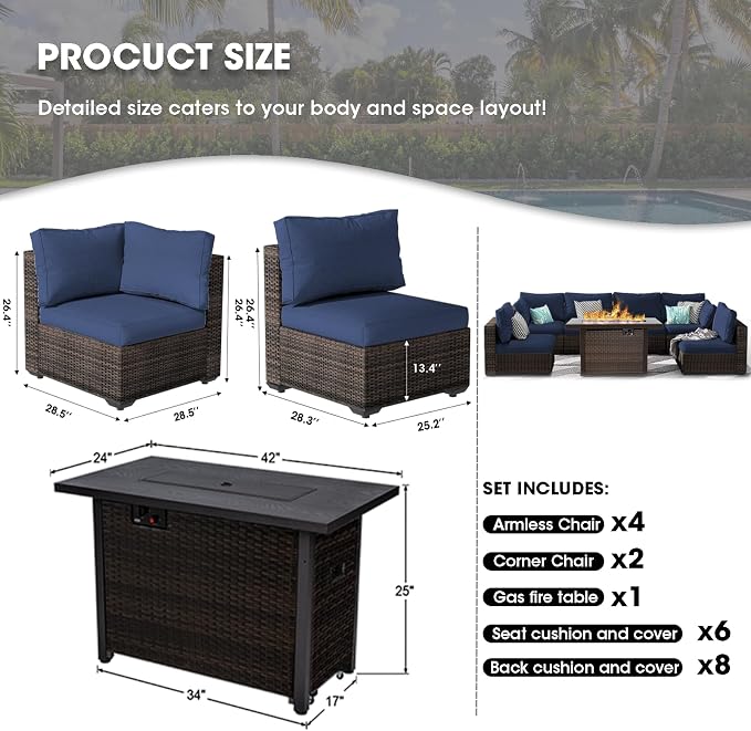 Grezone 7 Piece Patio Furniture Set with 44" Fire Pit Table, Outdoor Sectional Couch, PE Rattan Patio Conversation Sets with 4inch Cushions for Backyard Deep Blue (NY)