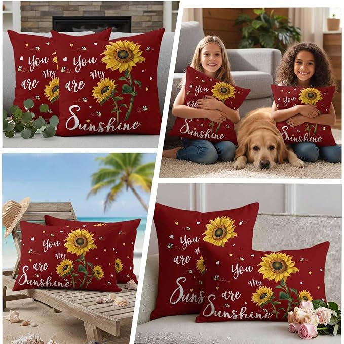 You Are My Sunshine Outdoor Pillow Covers Set of 2 Vintage Country Yellow Sunflower Floral Bees Heart Red Waterproof Throw Pillow Cover Decorative Cushion Cases for Patio Porch Garden 20X20 Inch