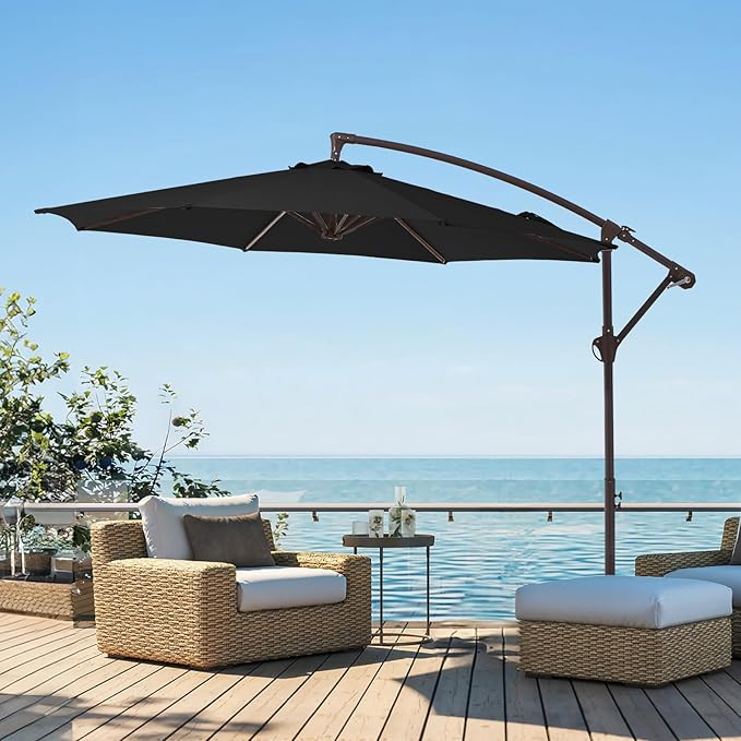 10FT Patio Umbrella, Outdoor Offset Cantilever Umbrella with Sturdy 8 Ribs and Reinforced Base, Easy Tilt Adjustment for Backyard Pool Garden,Black