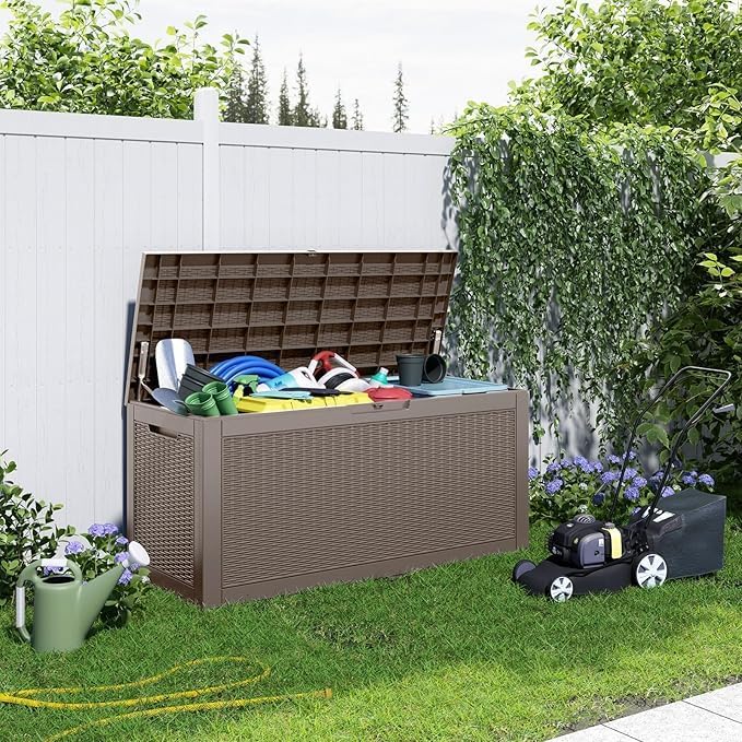 PatioZen 120 Gallon Deck Boxes Outdoor Waterproof, Weatherproof Outdoor Storage Boxes Lockable for Patio Furniture, Pool Supplies,Garden Tools(Grey)