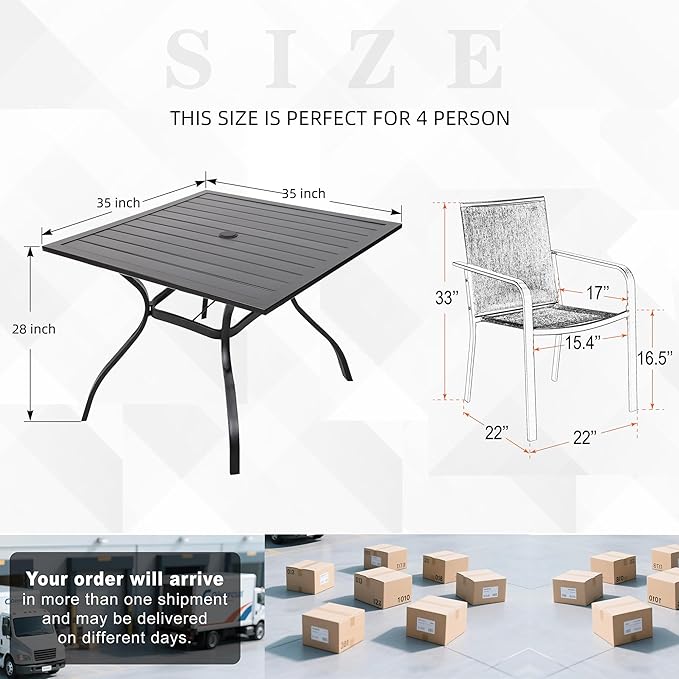 Anmutig 5 Piece Outdoor Dining Set, 35“ Square Table with 4 Gray Stackable Patio Chairs, All Weather Furniture Set for Garden
