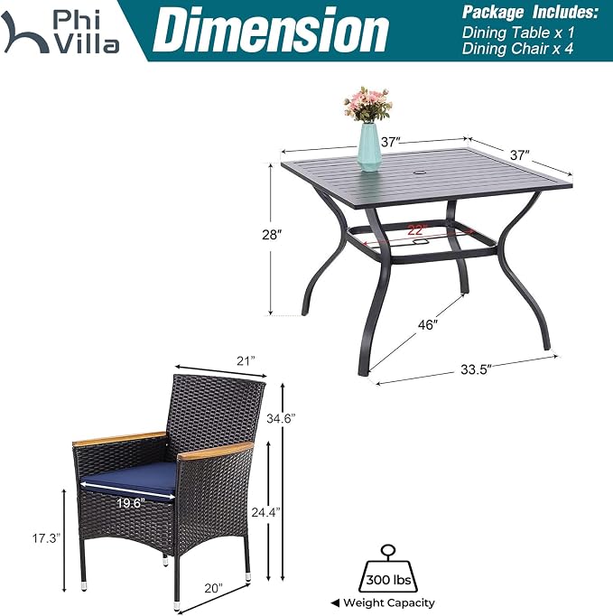 PHI VILLA 5 Pieces Outdoor Patio Dining Set for 4, Metal Steel Frame Table with Umbrella Hole & All Weather PE Rattan Cushioned Chairs Set for Deck, Yard, Porch
