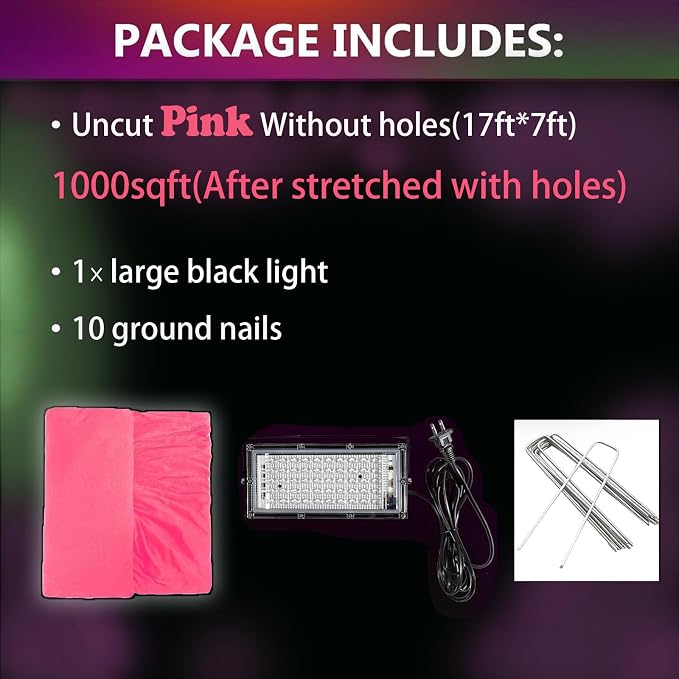 Glow in The Dark Pink 1000 Sqft Uncut Giant Spider Web Halloween Decorations Outdoor with 1 Black Light &10 Ground Nails Stretchy Beef Cloth Netting Cut-Your-Own for Yard Party