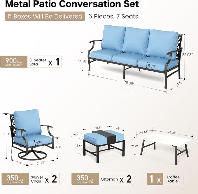 SUNSHINE VALLEY 6 Piece Metal Outdoor Patio Furniture Set, Patio Conversation Sets 1 3-seater Sofa, 2 Swivel Chair, 2 Ottomans with 5.75" Thick Cushion and Coffee Table, Black Backyard Furniture, Blue