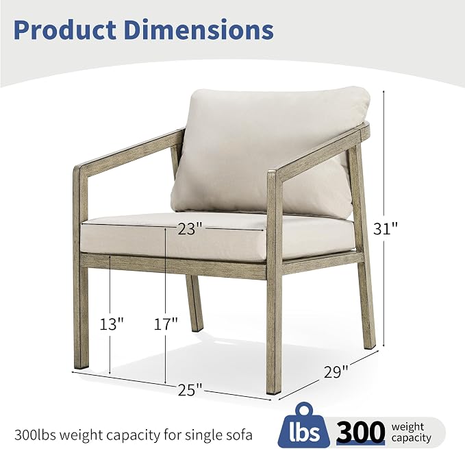 Patio Sofa Chairs Set of 2, Never-Rust Aluminum Outdoor Club Chairs with Washable Thick Cushions, All-Weather Modern Armchair Set for Porch, Deck, Garden, Backyard (Grey+Beige)