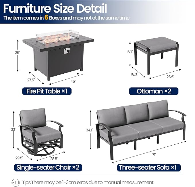 Aluminum Patio Furniture Set with Fire Pit Table, 7 Seats Outdoor Patio Conversation Sets with Swivel Chairs, Modern Metal Sectional Sofa with Upgrade Cushions for Patio, Backyard, Deck - Grey