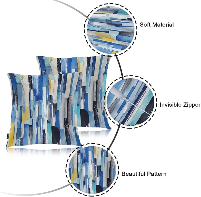 Swono Abstract Art Cozy Pillowcase Cushion Cover, Modern Watercolor Stripes Teals Decorative Throw Pillows Covers Outdoor Pillow Case for Home Office Dorm Sofa Picnic Car 18" X 18" 2 Pack, Blue