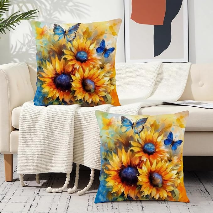 Oil Painting Sunflower Pillow Covers Sun Flower with Butterfly Throw Pillow Covers 16x16 Set of 2 Vintage Pillowcase Double Sided Printing Cushion Case for Home Decor Outdoor Sofa