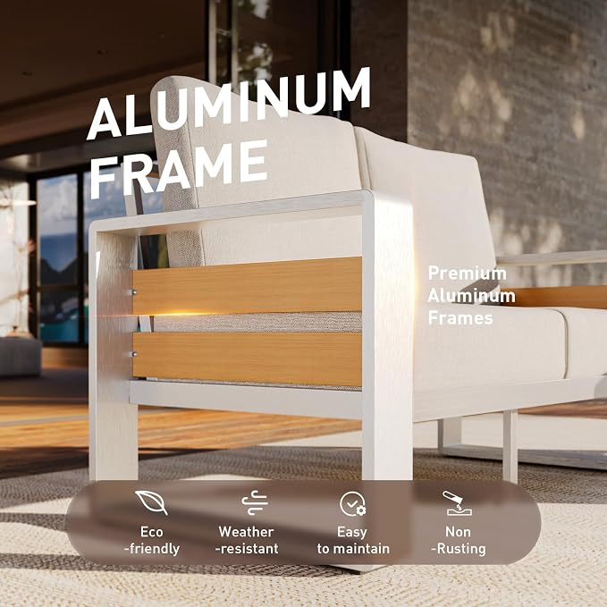 Aoxun Aluminum Patio Furniture Set, 5 Seats Luxury Metal Patio Conversation Sets with Coffee Table, 6'' Thick Cushions and 3-Seat Sofa, Sectional Outdoor Furniture Set for Backyard/Poolside, Beige