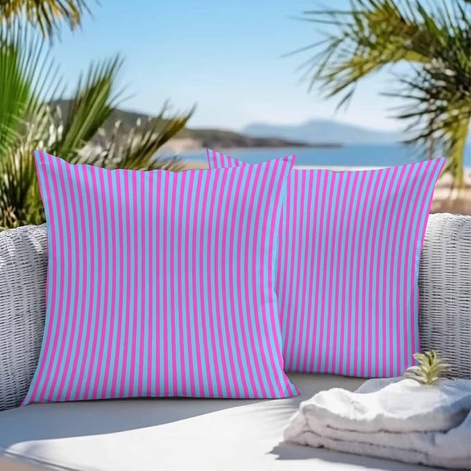 Throw Pillow Covers 24x24 Inch Set of 2, Purple Striped Waterproof Outdoor Cushion Covers, Geometric Pink Vertical Solid Rainbow Decorative Pillowcases for Couch, Sofa, Bed, Garden, Patio
