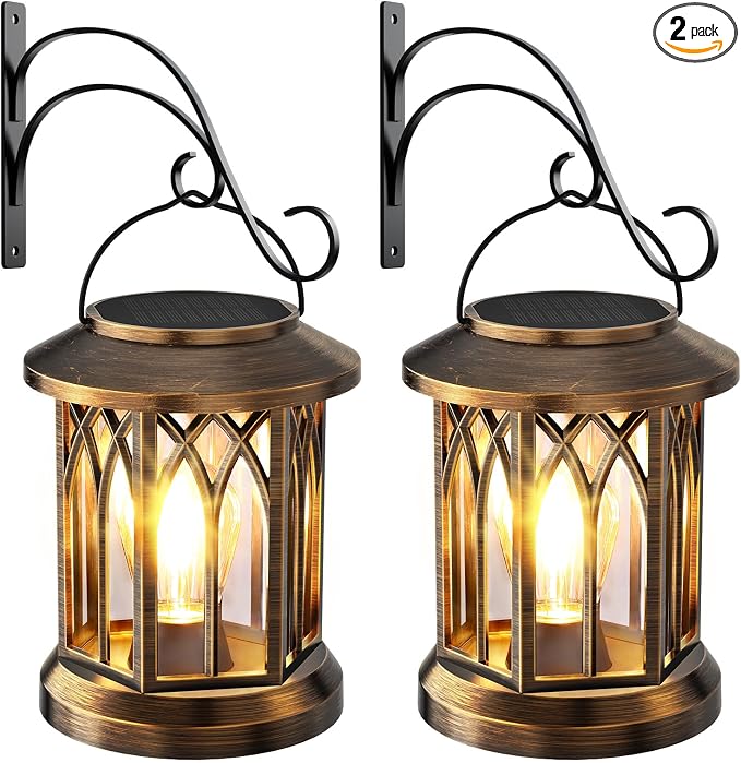 Solar Lantern Outdoor Lights with Wall Mount Kit, 2 Pack Upgraded Solar Lanterns Outdoor Waterproof, Hanging Solar Lights for Outside Decorative Yard Patio Path Porch Garden(Antique Copper)