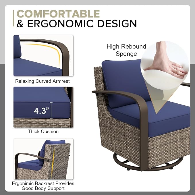 COOS BAY Aurora Terrace 6 Piece Outdoor Sectional Furniture Set, Half Moon Rattan Wicker Conversation Set with Swivel Chairs, 4 Seat Sofa & Coffee Table for Patio Garden Yard, Beige/Blue