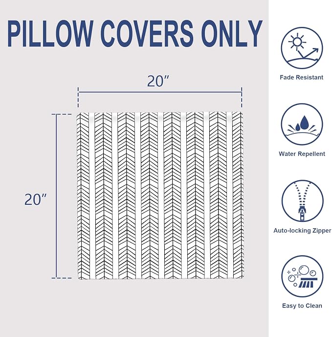 Pack of 2 Patio Throw Pillow Covers ONLY, Water Repellent Cushion Cases 20x20 Inch, Square Pillowcases for Outdoor Couch Decoration, HerringboneWhite