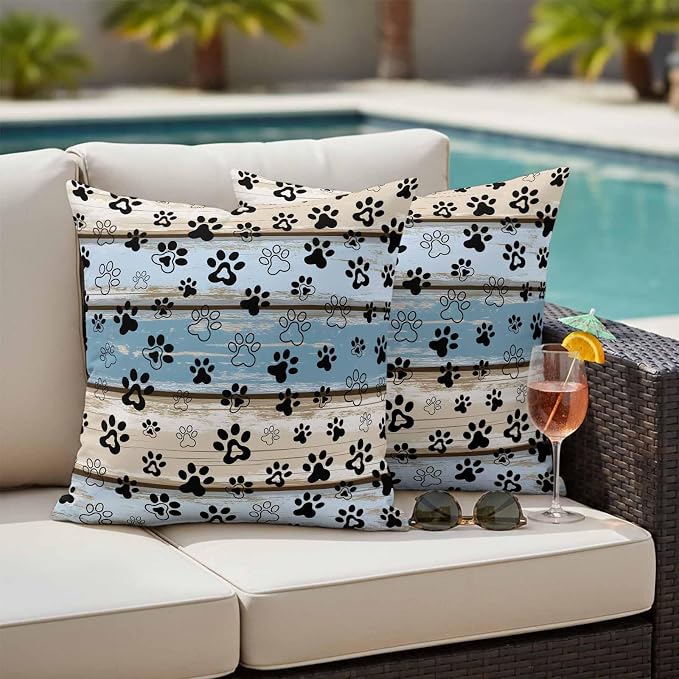 Outdoor Pillow Covers,Funny Dog Paw Farm Wood Grain Decorative Throw Pillow Cover Waterproof Pillowcase Set of 2,Linen Cushion Case for Sofa Couch Bed 18x18 Inch,Retro Blue Wooden
