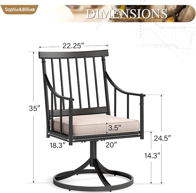 Sophia & William Swivel Rocker Chairs, Set of 6, 360° Swivel, Wrought Iron | Steel, Padded Cushions, E-Coated, All-Weather