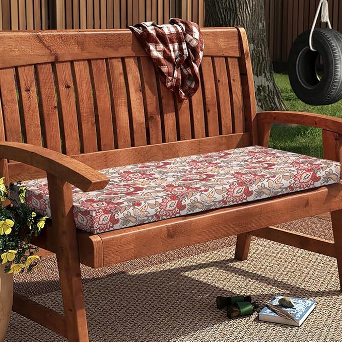 Magpie Fabrics Patio Bench Cushion Cover 45x18x3 Inch, NO Insert! Water Resistant Outdoor Loveseat Replacement Cover with Zipper (Botanical Red Orange)