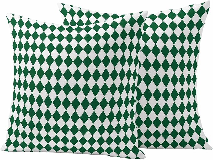Outdoor Throw Pillow Cover Modern Green White Diamond Waterproof Cushion Covers 2 Pack Minimalist Geometric Plaid Pillow Cases Home Decoration for Patio Garden Couch Sofa