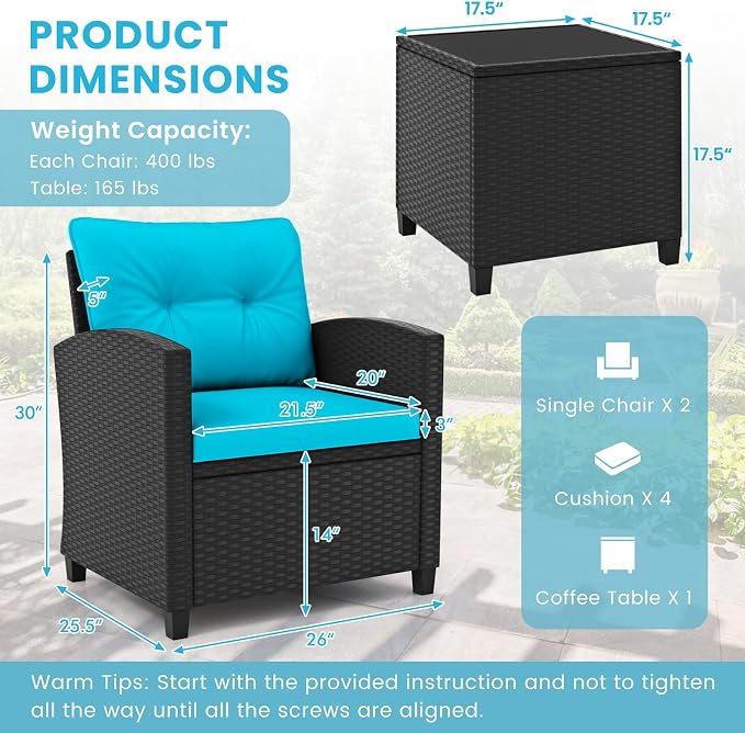 ORALNER 3 Pieces Patio Furniture Set, Wicker Conversation Set Outdoor Chairs with Cushions, Glass Coffee Table, Rattan Bistro Set for Front Porch Balcony Garden Deck Poolside (Turquoise)