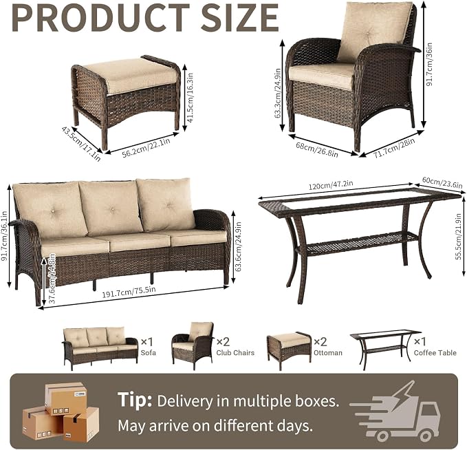 All Weather Patio Furniture Set, High Back Swivel Rocker Glider Chairs，Ottomans & Glass Tables, Outdoor Conversation Set for Deck Porch Yard Poolside (Brown, 7PCS-Sofa&Chairs&Ottomans&Table)