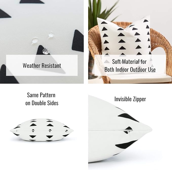 Hofdeco Mudcloth Inspired Patio Indoor Outdoor Pillow Cover ONLY for Backyard, Couch, Sofa, White Black Triangles, 18"x18"