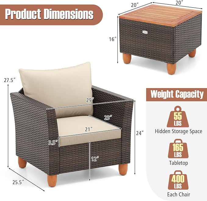 Tangkula 3 Piece Patio Furniture Set, Patiojoy Outdoor PE Wicker Bistro Set with Soft Cushions and Solid Acacia Wood, Outdoor Conversation Set with Porch, Balcony and Garden