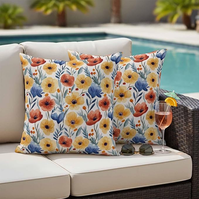 Spring Floral Outdoor Pillow Covers 16x16 Inch Throw Pillow Covers Set of 2 Waterproof Decorative Pillow Cases Red Yellow Blue Summer Botanical Cushion Covers for Patio Furniture Garden Couch Sofa