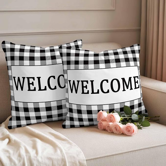 Welcome Black Outdoor Pillow Covers Set of 2 White Buffalo Check Plaid Waterproof Throw Pillow Cover Decorative Cushion Cases for Patio Porch Garden 26X26 Inch