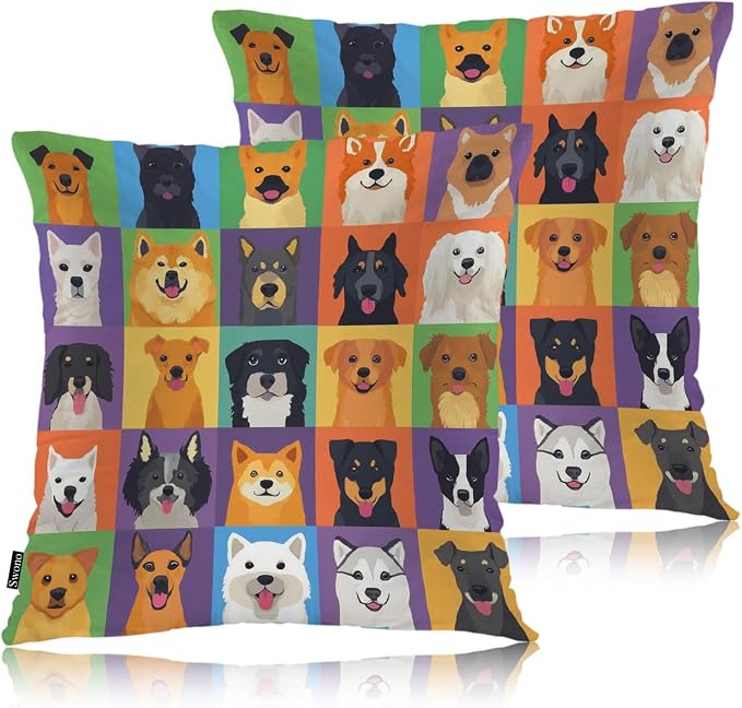 Swono Dog Farmhouse Throw Pillow Covers, Colorful Puppy Dogs Shepherd Terrier Labrador Set of 2 Cushion Case Pillow Cover for Bed Sofa Couch, Square Throw Pillowcases for Men Women 18x18 Inch