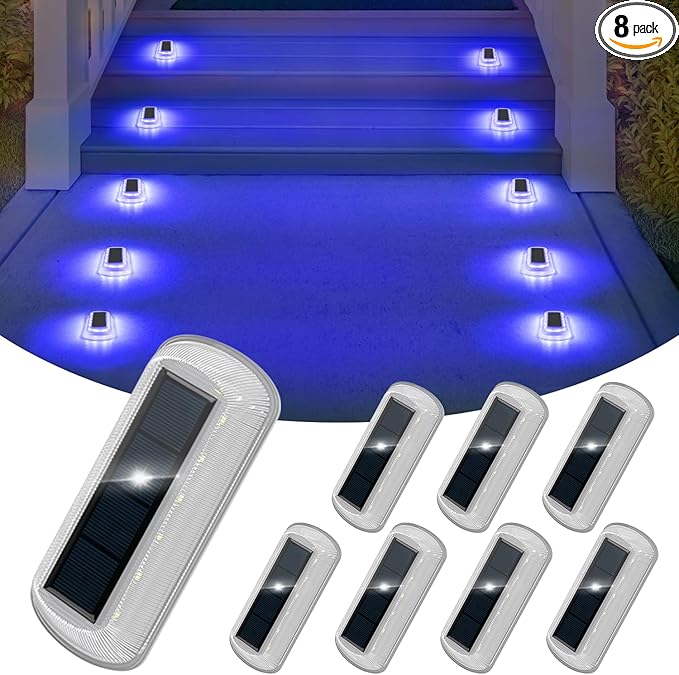 T-SUN Solar Deck Lights Outdoor Waterproof, Deck Lights Solar Powered, Driveway Marker Light for Fence Front Door, Step, Stair, Garden, Sidewalk, Pathway, Dock Porch, Backyard (Blue, 8 Packs)