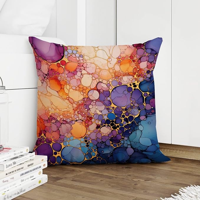 Throw Pillow Covers Ink Rainbow Shapes with Gold Cushion Cover Abstract Abstract Alcohol Ink Textures Pillow Cover Accent Outdoor Waterproof Decorative Pillow Cover for Patio 20x20 in