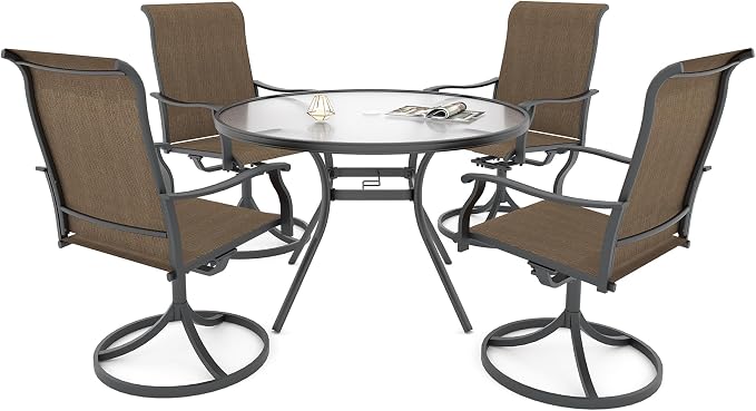 Patio Table and Swivel Chairs Set with Glass Table, BrownYellow Chairs Sty1 | 4 Piece Swivel Chairs: High Back, Retro Armrest, Textilene Fabric, Rocking; 40 inch Round Table: Glass Top; All Weather