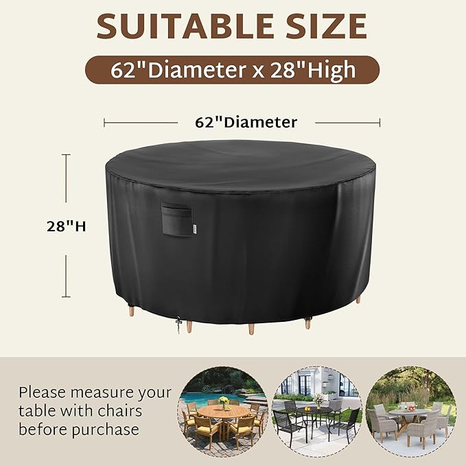 iBirdie Round Patio Furniture Cover 62 x 28 inch, 5 ft, Outdoor Waterproof and Weatherproof for Garden Table and Chairs, Heavy Duty 600D, fit 62, 60, 58 Diameter