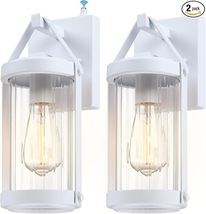 2 Pack Dusk to Dawn Sensor White Outdoor Wall Sconce Lightings | Exterior Porch Lantern Modern Outside Garage Light Fixtures Waterproof Wall Mount Lamp for House Patio Front Door