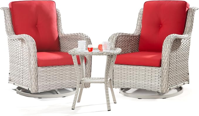 Joyside Outdoor Swivel Rocker Patio Chairs Set of 2 and Matching Side Table - 3 Piece Wicker Patio Bistro Set with Premium & Soft Fabric Cushions(Light Grey/Red)