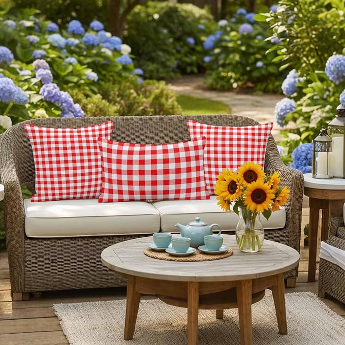 Red White Plaid Waterproof Outdoor Pillow Covers Set of 2 Home Decor Modern Farmhouse Buffalo Check Gingham Pillowcase Patio Pillow Covers for Couch Bench Furniture Garden 26x26in
