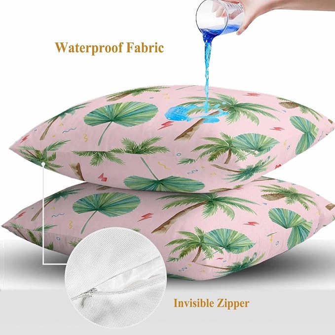 Yukro Tropical Palm Tree Outdoor Waterproof Pillow Covers Pack of 2, Lightning Summer Pink Boho Throw Pillowcases Decorative Cushion Covers for Garden Patio Tent Sofa Couch, 24x24 inch