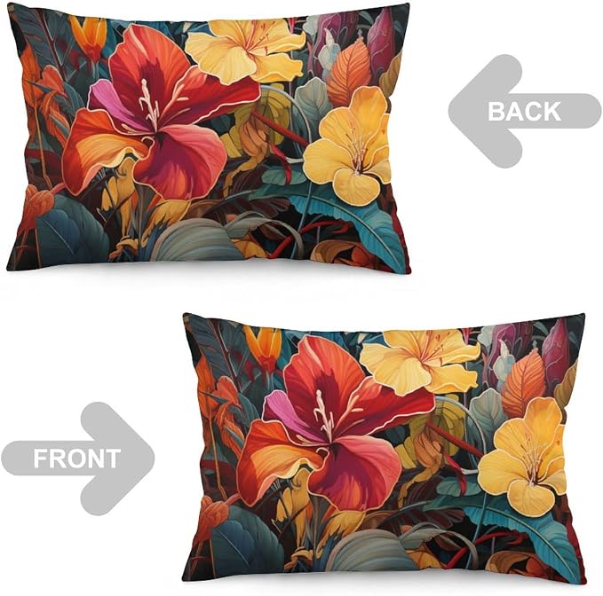 Pillow Protector Tropical Flower Printed with Colorful Leaves Throw Pillow Cases 12 "x20 " Tropical Red Hibiscus Flower Throw Pillow Covers Zipper Pillowcase for Home Bed Sofa Living Room Decorative