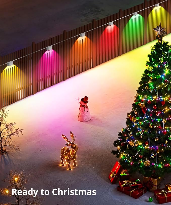 Outdoor Deck Lights 24 Packs, Smart RGBCW Fence Light, 100+ Scene Modes, Dual Lens LED String Lights with APP/Voice/Remote Control, IP65 Waterproof for Halloween Christmas Decor, 157ft White
