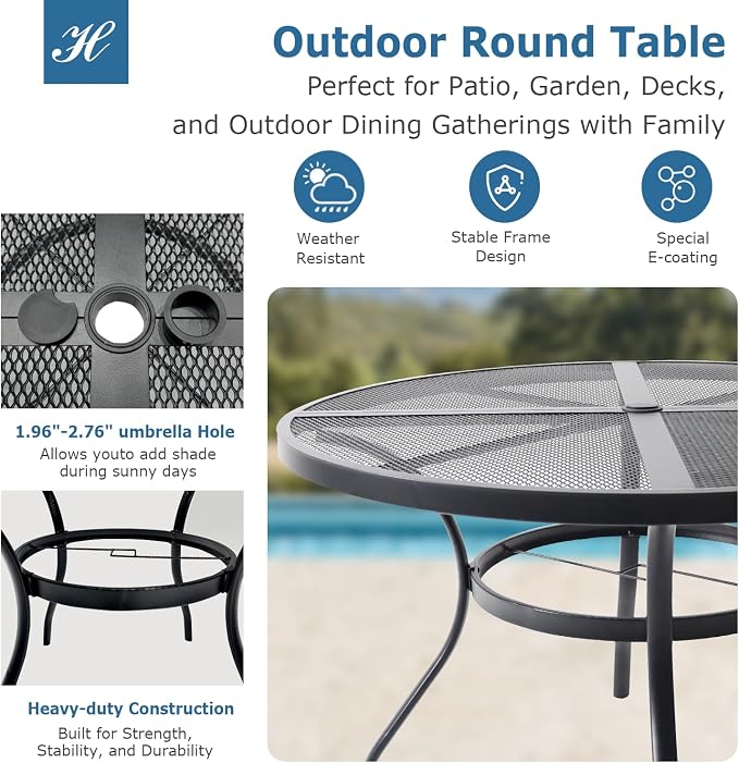5 Piece Patio Dining Set for 4, 42” Black Round Table with Umbrella Hole and 4 Grey Patio Stackable Chairs, Patio Table and Chairs for Backyard, Lawn, Deck & Garden