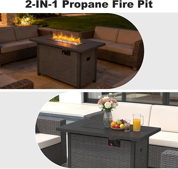 Patio Furniture Set with Fire Pit Table, 7PCS Outdoor Conversation Sets Waterproof Rattan Sectional Sofa with 4” Thickened Cushion Modular Wicker Patio Furniture Set with Glass Top Table (Grey)