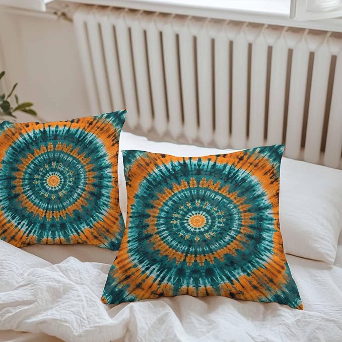 Vandarllin Outdoor Throw Pillows Covers 20x20 inch Set of 2 Waterproof Turquoise Orange Tie-Dye Art Decorative Zippered Cushion Covers for Patio Furniture, Abstract Boho Tribe Lumbar Pillowcases