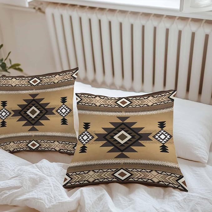 Vandarllin Outdoor Throw Pillows Covers 20x20 inch Set of 2 Waterproof Tribal Style Decorative Zippered Cushion Covers for Patio Furniture, Brown Southwest Native American Lumbar Pillowcases