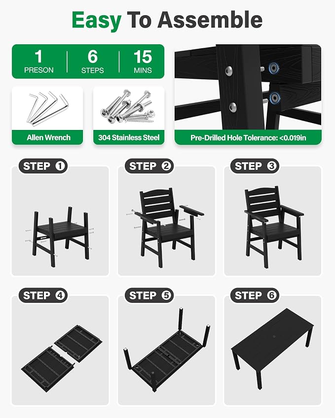 YEFU Patio Dining Sets HIPS: 12-Piece Outdoor Table and Chairs with Umbrella Hole - Modern Outside Furniture Plastic Patio Dining Set for 10 with Metal Aluminum Frame for Family with Deck/Pool Black