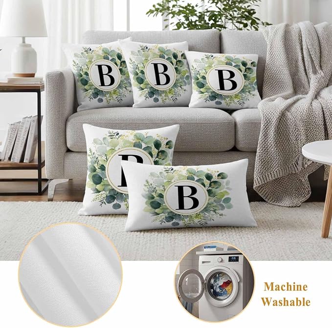 Letter B Waterproof Outdoor Pillow Covers Set of 2 Home Decor, Alphabet Green Eucalyptus Leaves Pillowcase Patio Pillow Covers for Couch Bench Patio Furniture Garden 24x24in
