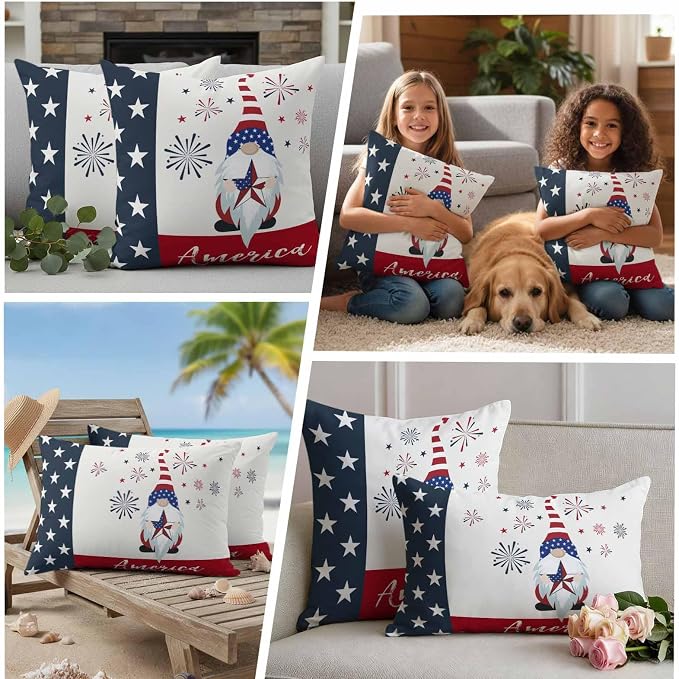 Gnomes with Outdoor Waterproof Throw Pillow Covers Set of 2, 16"x16", American Flag Decorative Pillow Covers Outside Cushion Case for Patio Porch Garden