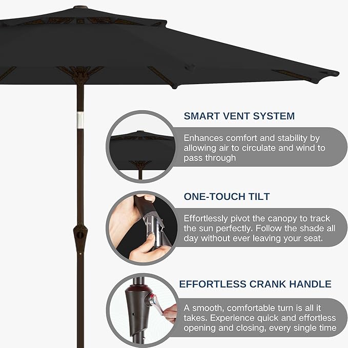 9FT Patio Umbrella 2-Tier Outdoor Market Table Umbrella with Push-Button Tilt & Crank | UPF 50+ & Waterproof for Backyard,Garden,Pool,Deck(Black)