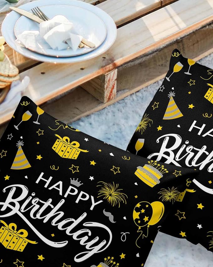 Prime Leader Outdoor Waterproof Pillow Covers Set of 2, Happy Birthday Cake Firwoks Black Patio Throw Pillow Covers, Decorative Cushion Case for Couch Sofa Furniture Garden, 24x24 Inch