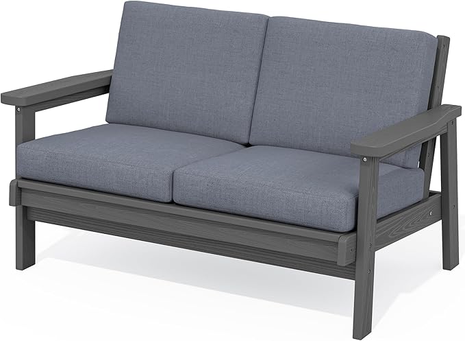 SERWALL HDPE Outdoor Patio Loveseat, All Weather Wood-Like Outdoor Sofa HDPE Outdoor Furniture, Grey Frame and Grey Cushion